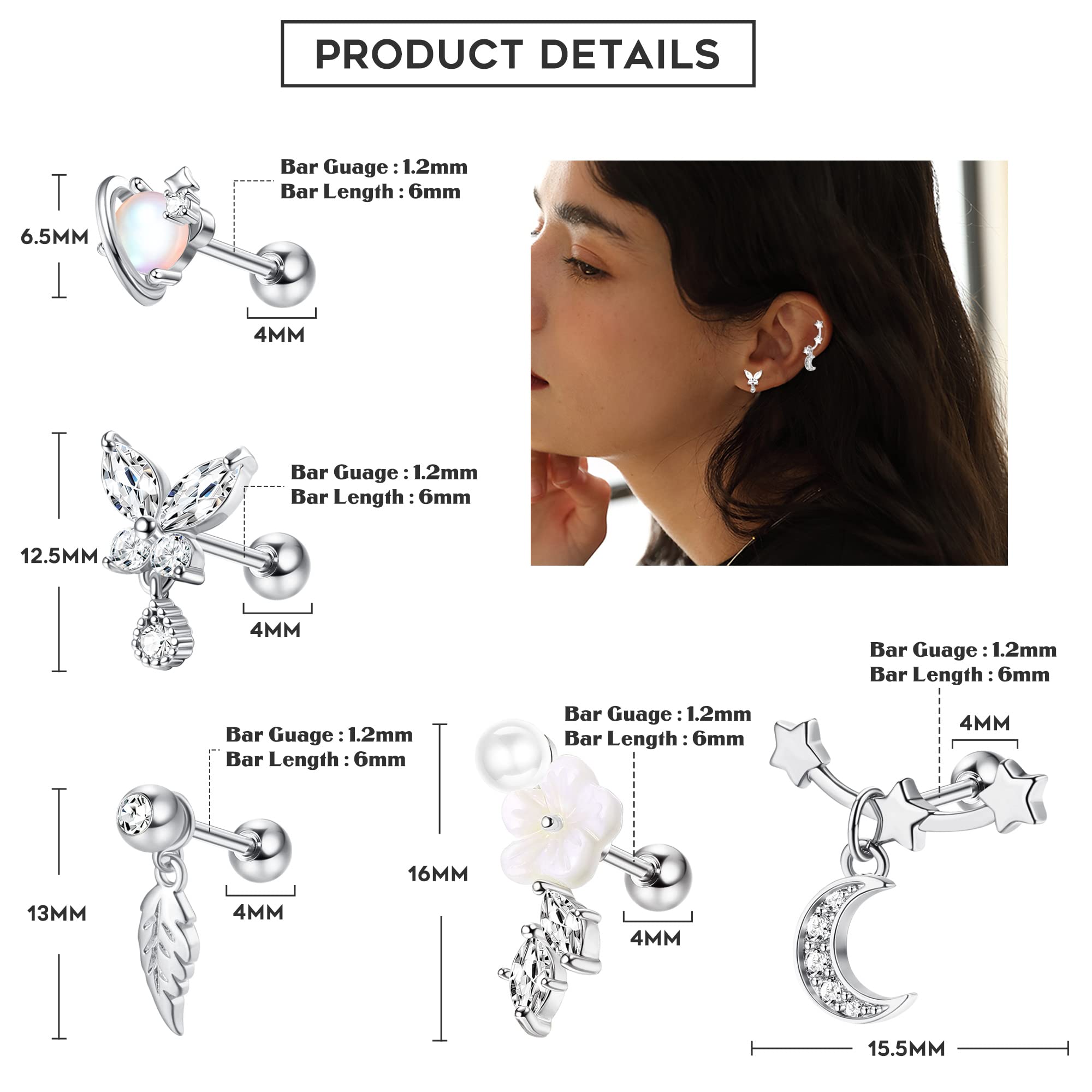 JOERICA 16G Dangle Cartilage Earrings for Women 316L Stainless Steel CZ Dangle Helix Tragus Conch Cartilage Stud Ear Piercing Jewelry