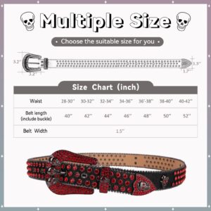 MUKINGBELTS Men Women Skull Rhinestone Belts Western Bling Luxury Strap Studded Leather Belt (Black-Red, 40: Fit waist from 28"-30")