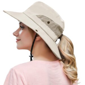 Womens Sun Hats Wide Brim Ponytail Hats Summer Beach Hat for Women Foldable Travel Safari Hats UPF50+(Size:M-L) (58cm/22.83inch,Beige)