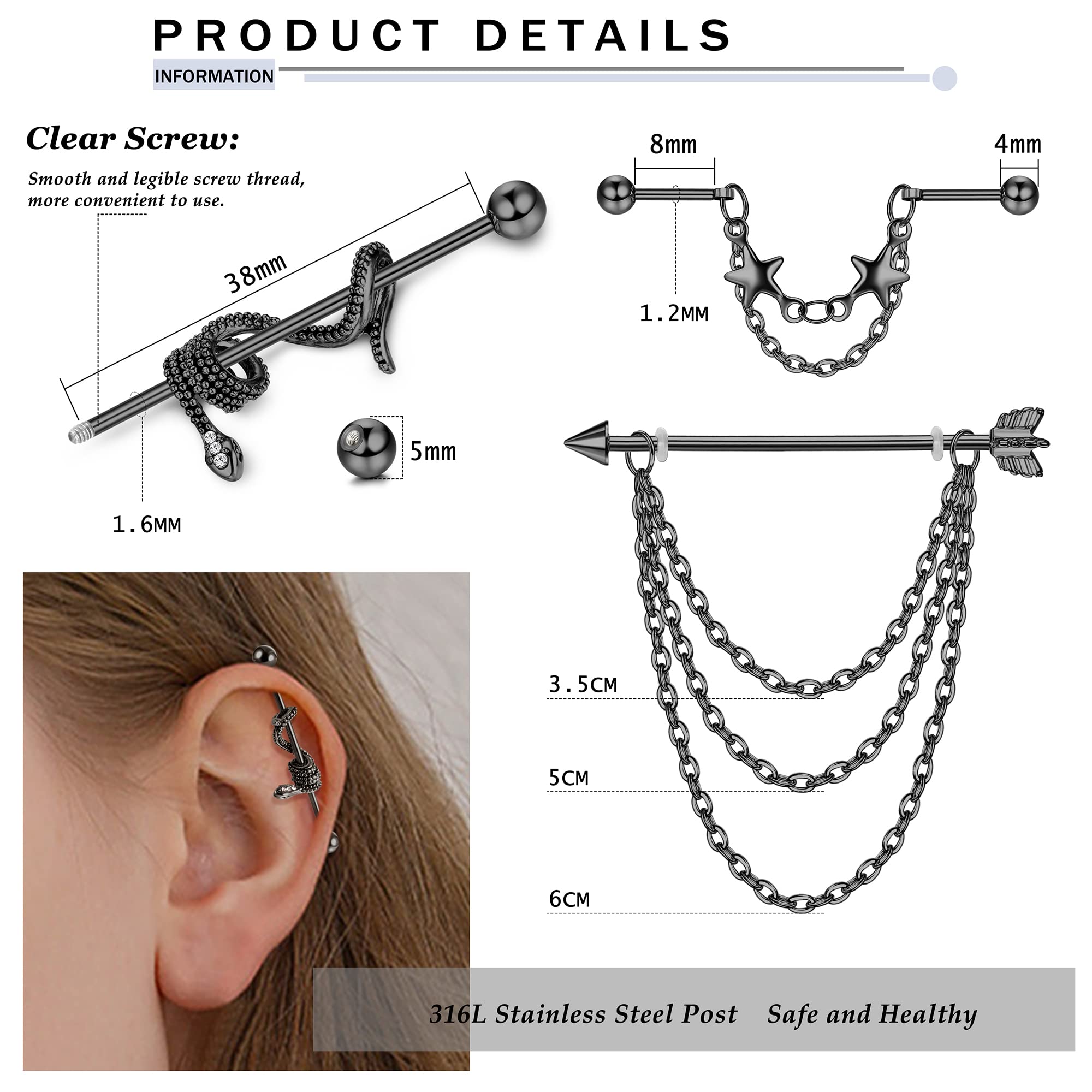 JOERICA Industrial Piercing Jewelry 14G 16G Stainless Steel Industrial Earrings with Chain Dangle Industrial Piercing Bar Double Cartilage Helix Piercing Earrings Industrial Barbell for Women Men