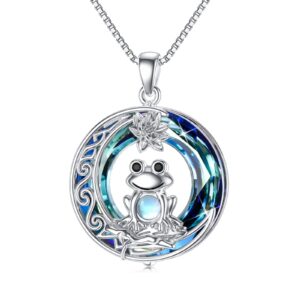 POTOPYY Frog Necklace S925 Sterling Silver Crystal Frog Pendant Cute Frog Lotus Moonstone Jewelry Gifts for Women Daughter Frog Lover Christmas Birthday Mothers Day