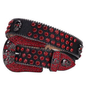 mukingbelts men women skull rhinestone belts western bling luxury strap studded leather belt (black-red, 40: fit waist from 28"-30")