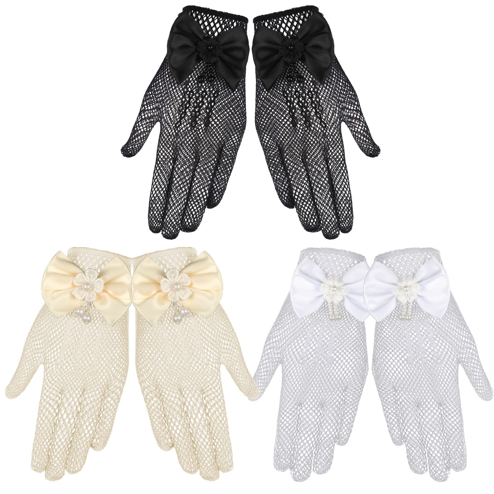 JenPen 3 Pairs Girl Net Lace Gloves Tea Party Gloves Kids Princess Gloves Bow Tie Gloves Communion Gloves for Little Girls Pearl Dress Gloves for Wedding Pageant for Girls Aged 4-16