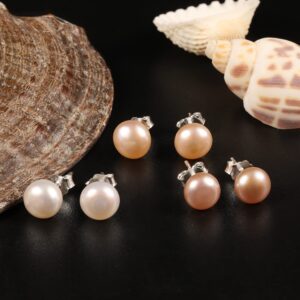 3 Pairs 925 Sterling Silver Cultured Pearl Stud Earrings Set AAA Pearl Studs Hypoallergenic Sterling Silver Post Pearl Earrings for Women(White/Pink/Purple 7mm)