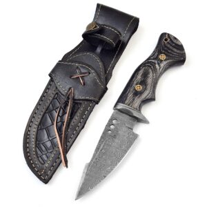 MOHID ENT Handmade Damascus hunting knife with Leather sheath Belt Loop - Fixed blade Survival knives for men - Razor Sharp Damascus Steel knives with Ergonomic Black wood handle