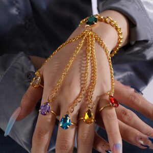 YERTTER Boho Gold Finger Ring Link Bracelet Colorful Crystal Bracelet Green Crystal Gold Hand Chain Women Girls Accessories Gift Party