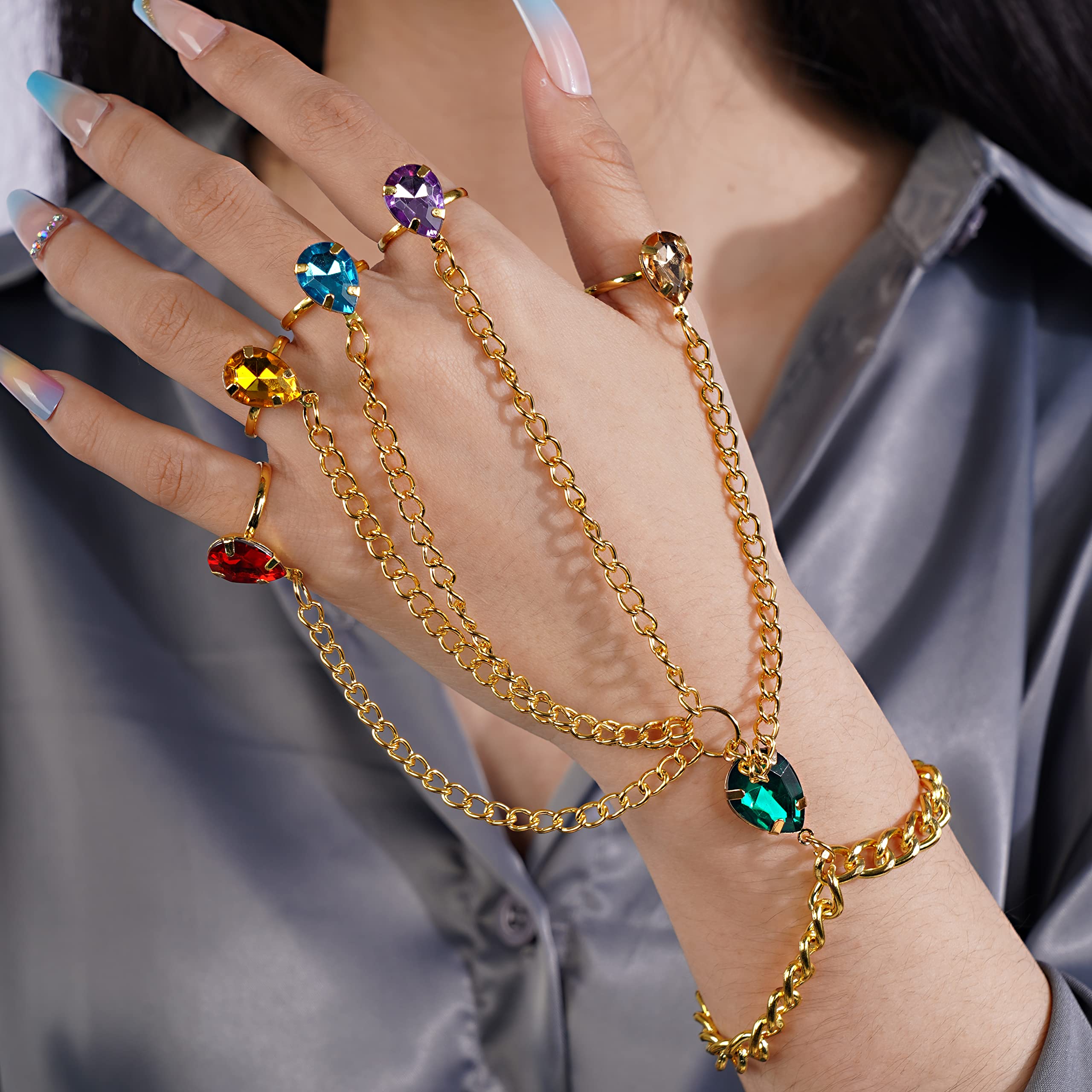 YERTTER Boho Gold Finger Ring Link Bracelet Colorful Crystal Bracelet Green Crystal Gold Hand Chain Women Girls Accessories Gift Party