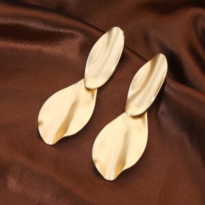 Matte Gold Hammered Long Drop Clip On Earrings Large Unique Statement Clip Earrings for Women