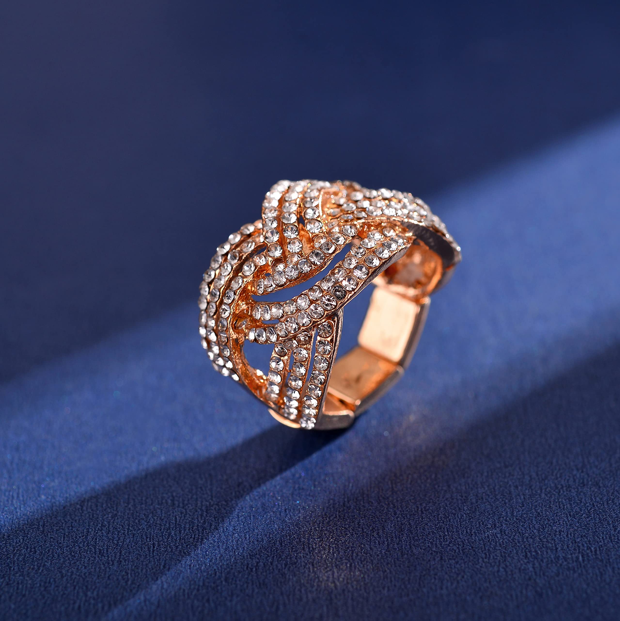 LUX ACCESSORIES Nicole Miller Rose Gold-tone Twisted Stretch Clear Crystal Rhinestones Fashion Ring