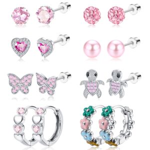 THUNARAZ Hypoallergenic Screwback Earrings Studs for Girls Women 316L Stainless Steel Cute Heart Hoop Earrings CZ Butterfly Turtle Screw Back Stud Earrings 20G(Pink&Colorful Flower)