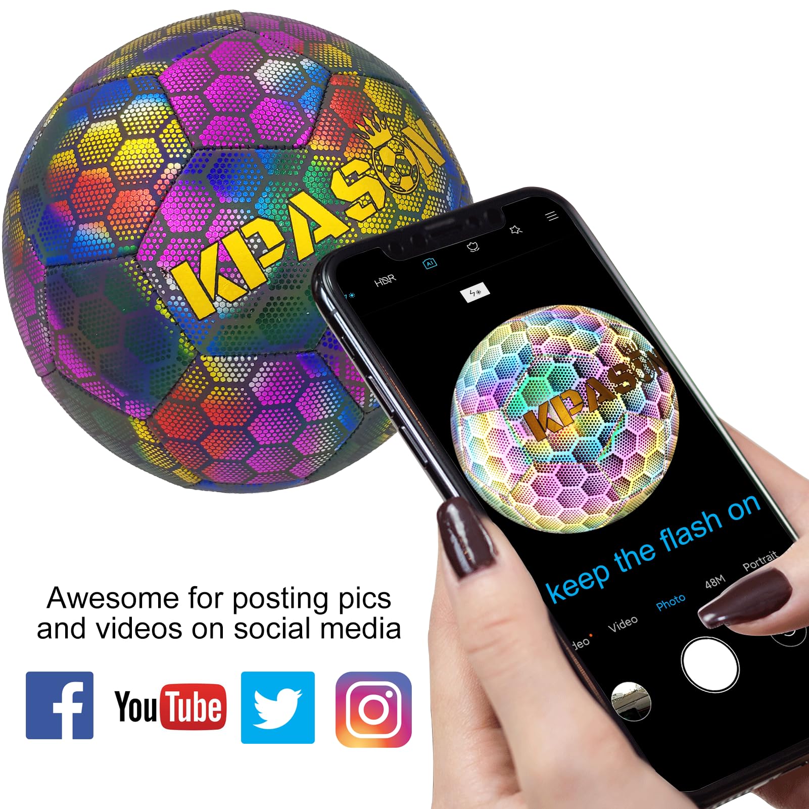 KPASON Soccer Ball, Holographic Soccer Ball Size 4, Reflective Glowing Soccer Ball Gift for Boys, Girls Indoor-Outdoor Soccer Training