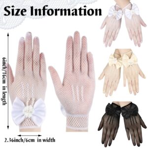 JenPen 3 Pairs Girl Net Lace Gloves Tea Party Gloves Kids Princess Gloves Bow Tie Gloves Communion Gloves for Little Girls Pearl Dress Gloves for Wedding Pageant for Girls Aged 4-16