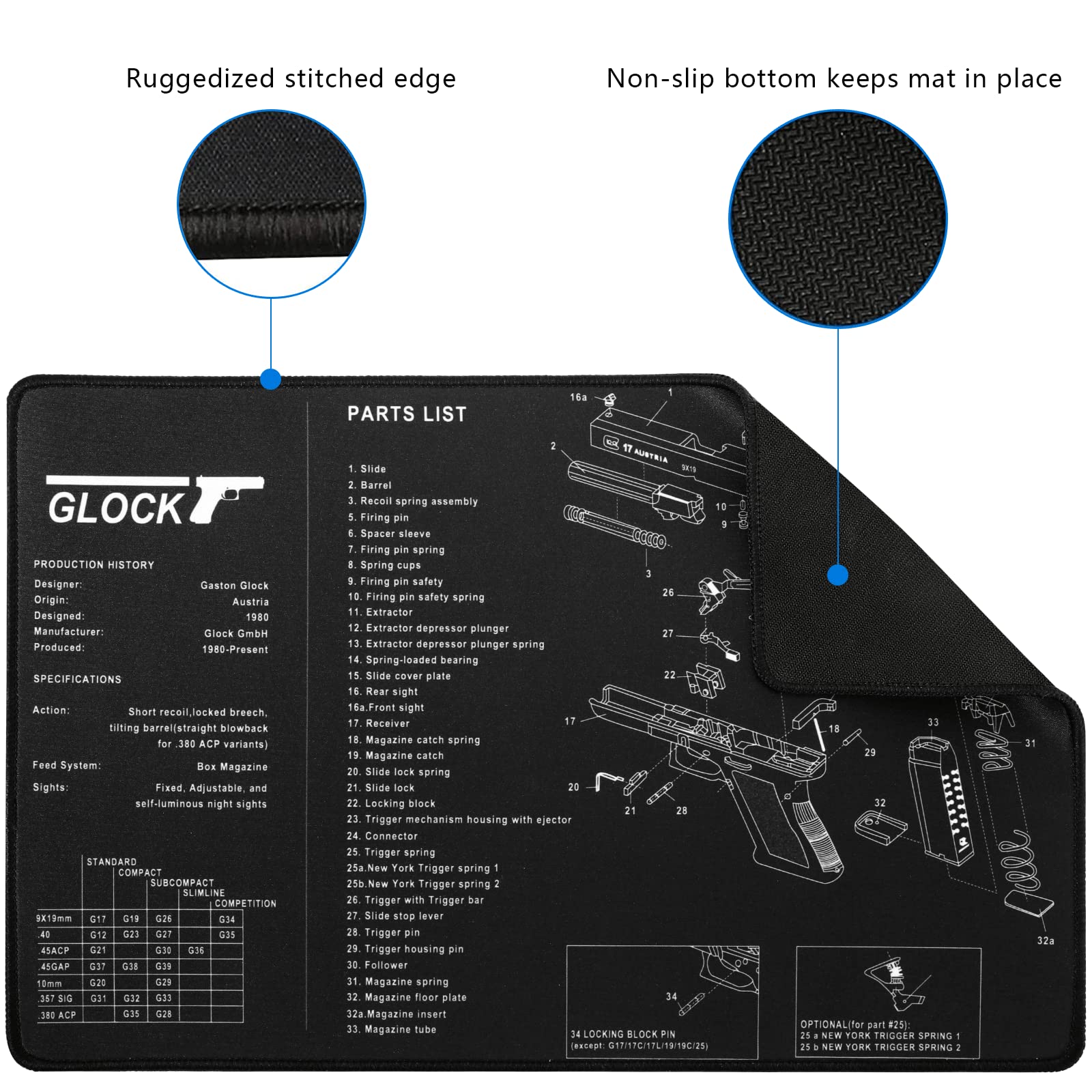 Wechoice Gun Cleaning Mat Compatible for Glock, Gun Mat 11" x 17", Non-Slip/Ruggedized Stitched Edge Pistol Gun Cleaning Mats, Black