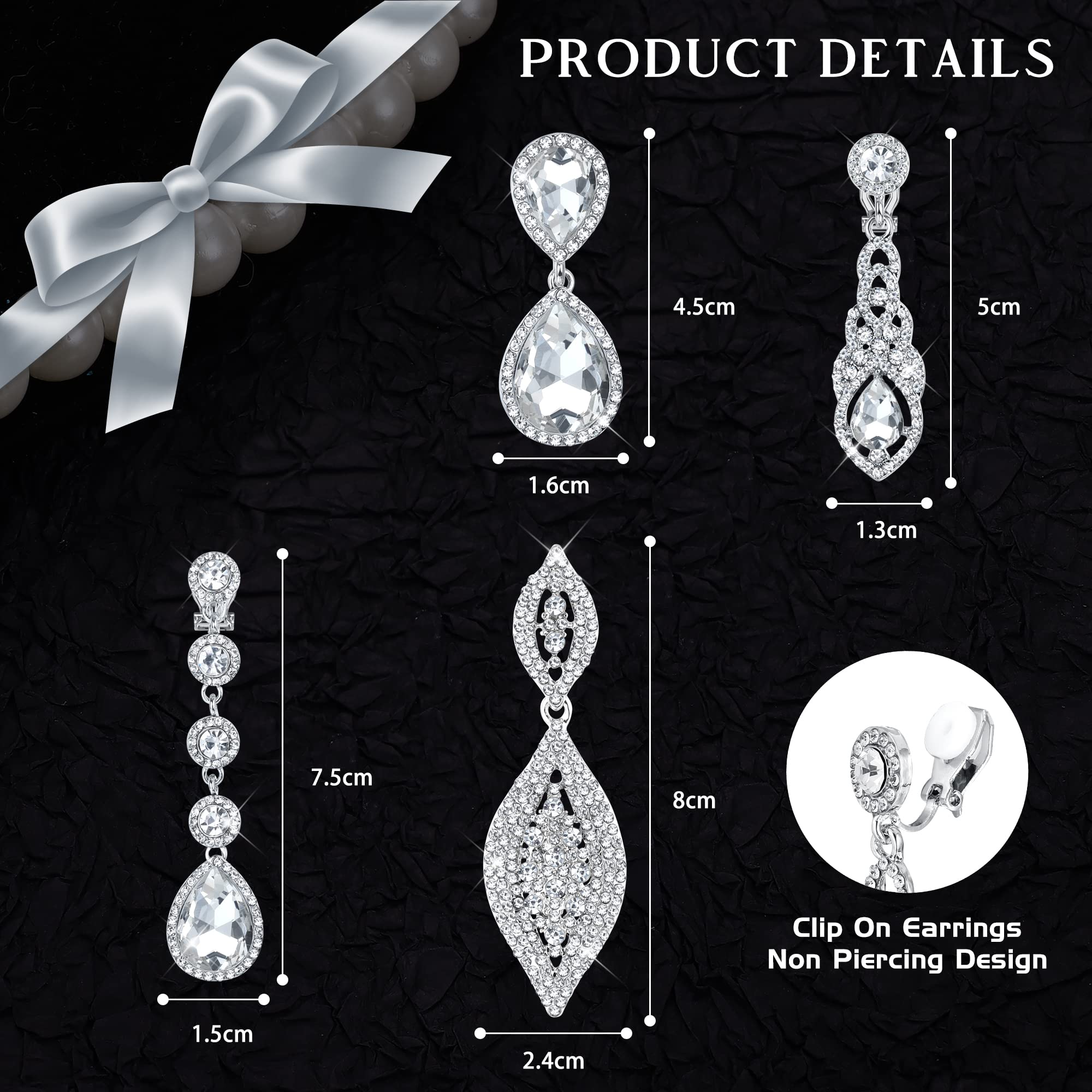 Jstyle 4 Pairs Clip on Earrings for Women Rhinestone Crystal Wedding Earrings Elegant Silver Teardrop Drop Dangle Clip on Earrings for Bride Bridesmaid Non Pierced Earrings Classic Style