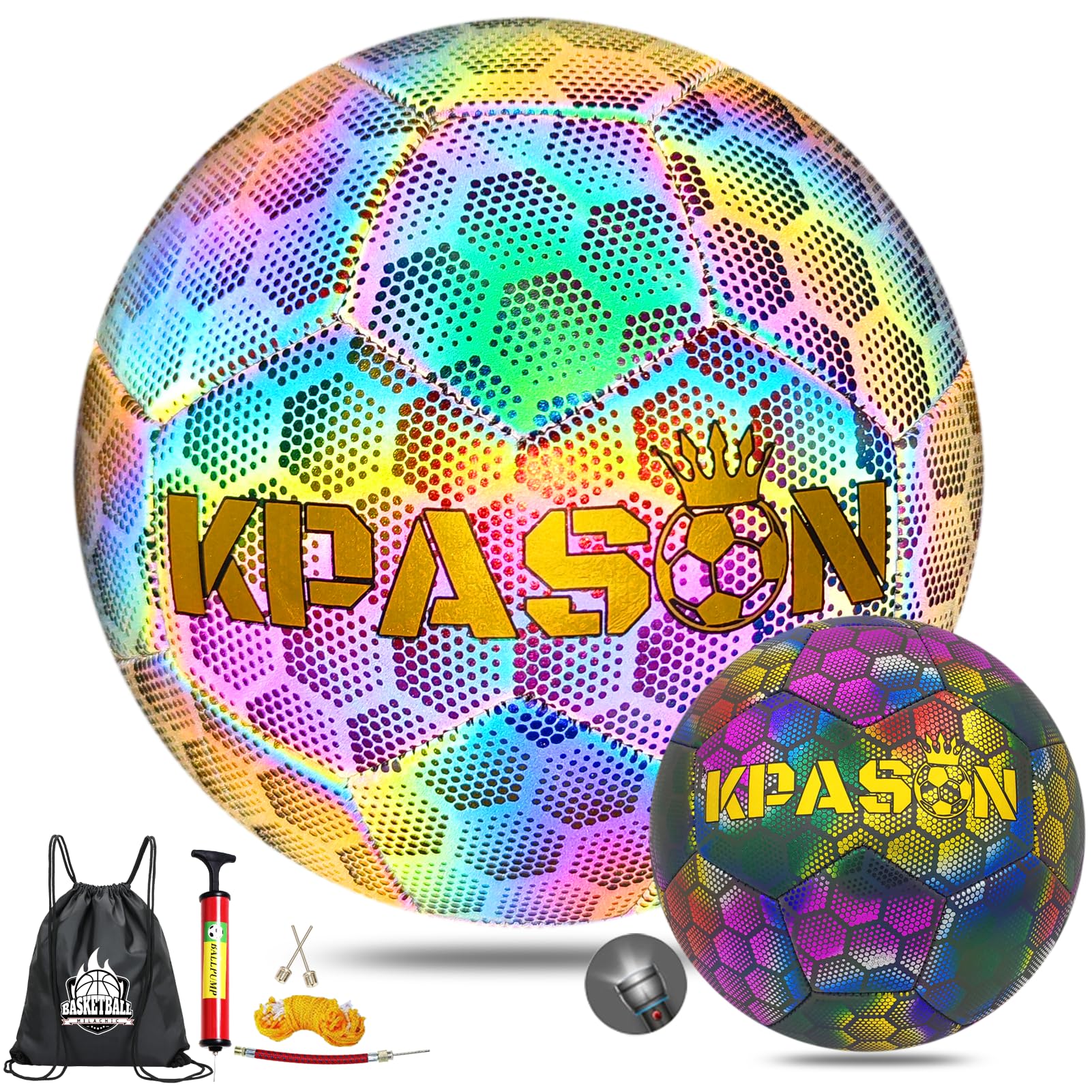 KPASON Soccer Ball, Holographic Soccer Ball Size 4, Reflective Glowing Soccer Ball Gift for Boys, Girls Indoor-Outdoor Soccer Training