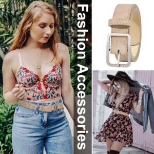 XZQTIVE Women Leather Belt No Pin Circle Buckle Fashion Waist Belt For Jean Dress Beige Square Buckle 105cm