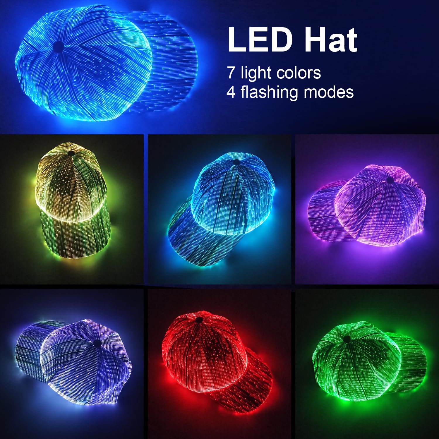 Ruconla Fiber Optic Cap LED hat with 7 Colors Luminous Glowing EDC Baseball Hats USB Charging Light up Even Party led Halloween cap for Event Holiday Black