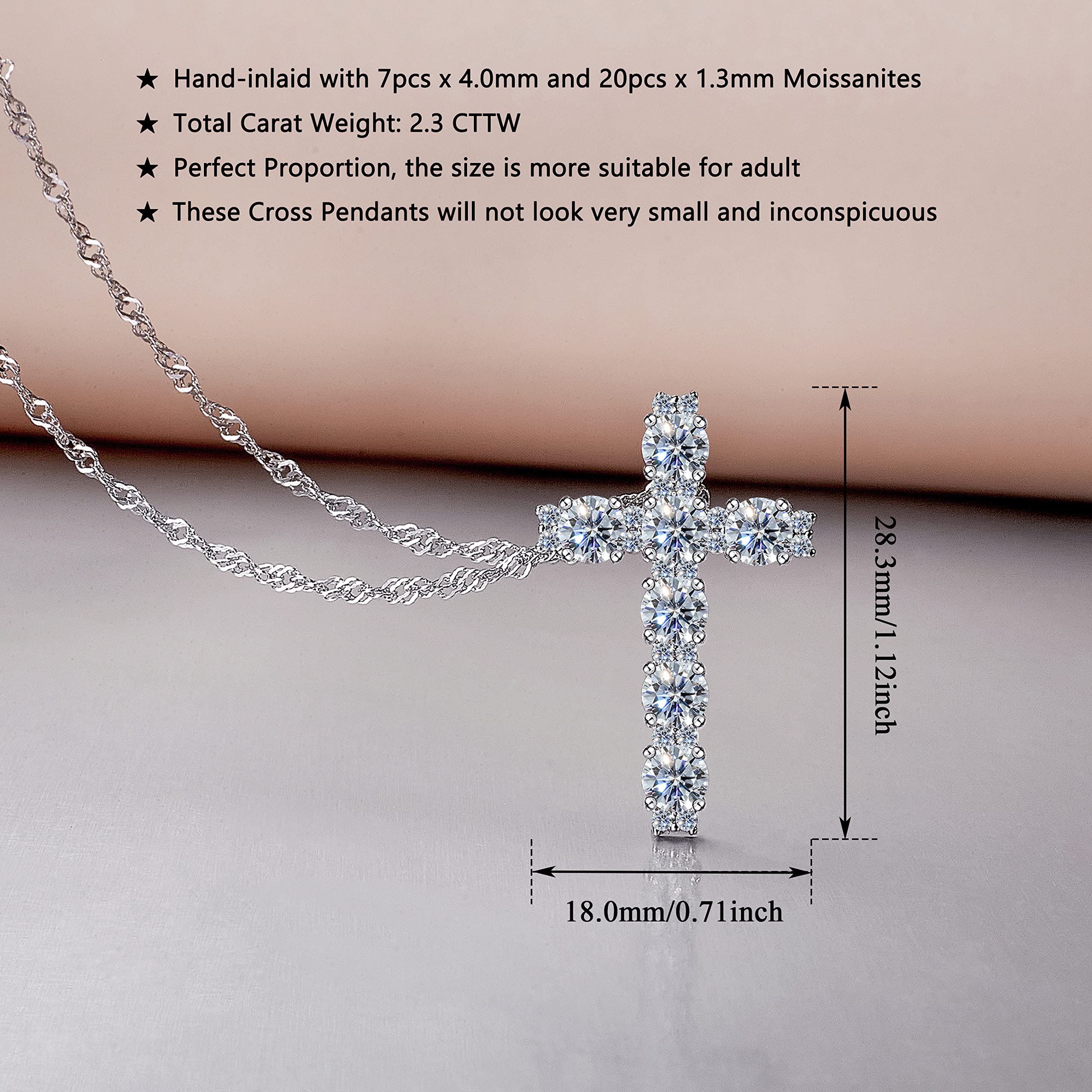 CannyCat Moissanite Cross Pendant Necklace for Women 4.0 mm 27 pieces 2.3 CTTW D-E-F color VVS Moissanite Diamond Cross Necklaces Platinum Plated Sterling Silver 16+2” Chain Anniversary Womens Gift