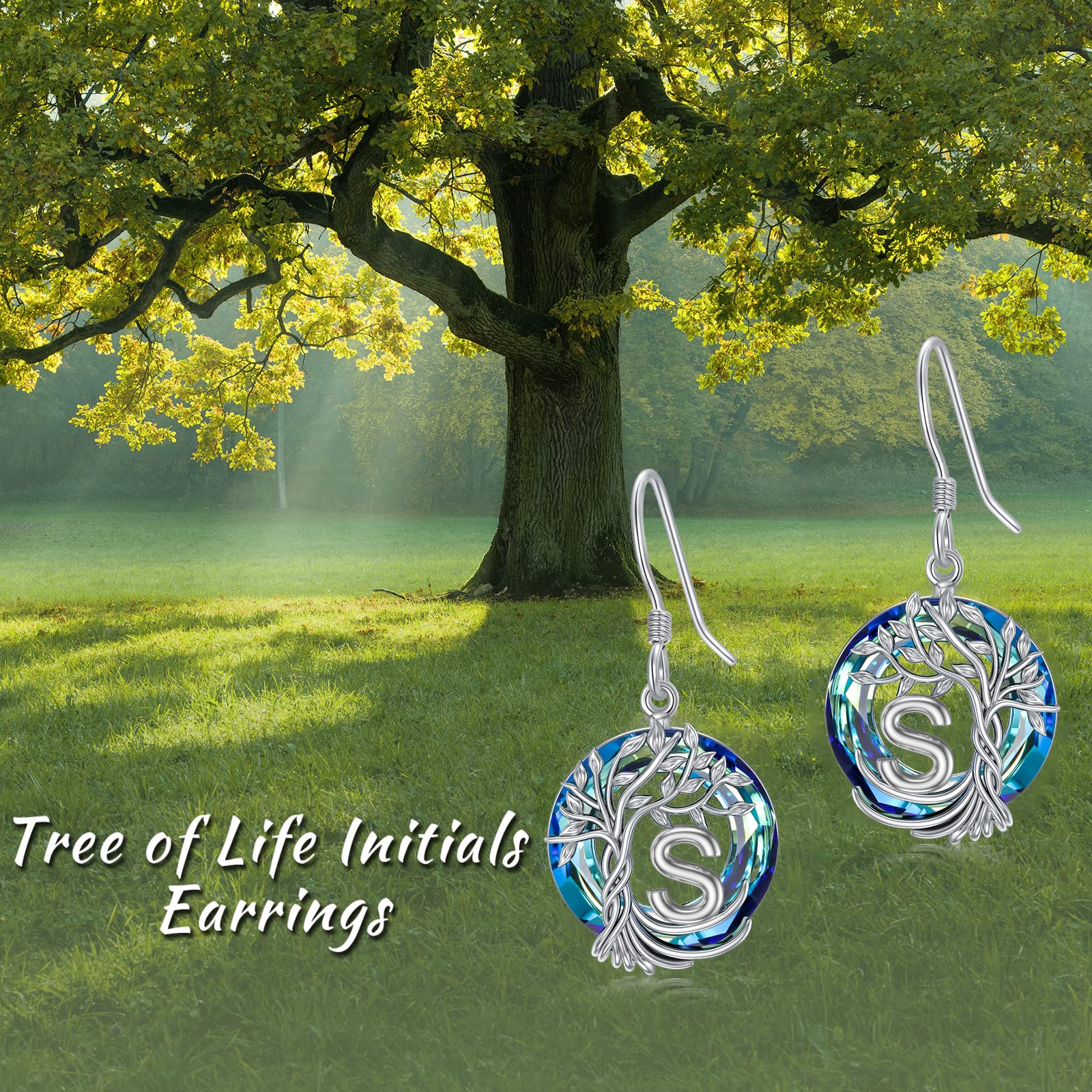 TOUPOP Tree of Life Initial Earrings 925 Sterling Silver Initial S Letter Drop Dangle Earrings with Blue Circle Crystal Family Tree Jewelry Anniversary Birthday Christmas Gifts for Women