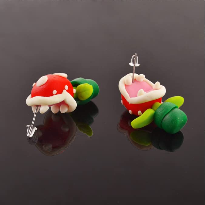 Funny Piranha Flower Earrings, Piranha Plant Maneater Cannibal Flower Chompers Corpse Flower Stud Earrings, Handmade Polymer Clay Jewelry