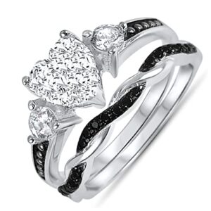 LaRaso & Co His and Hers 3 Piece Trio Sterling Silver Black Wedding Band Engagement Ring Set