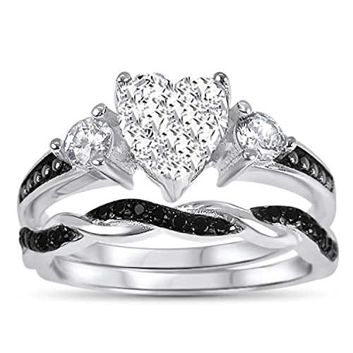 LaRaso & Co His and Hers 3 Piece Trio Sterling Silver Black Wedding Band Engagement Ring Set