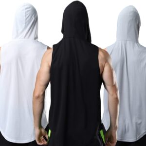 ROGUDUA Men's Hooded Tank Top Quick Dry Muscle Gym Shirts Workout Sleeveless Hoodie 3 Pack Black White Grey US Size L