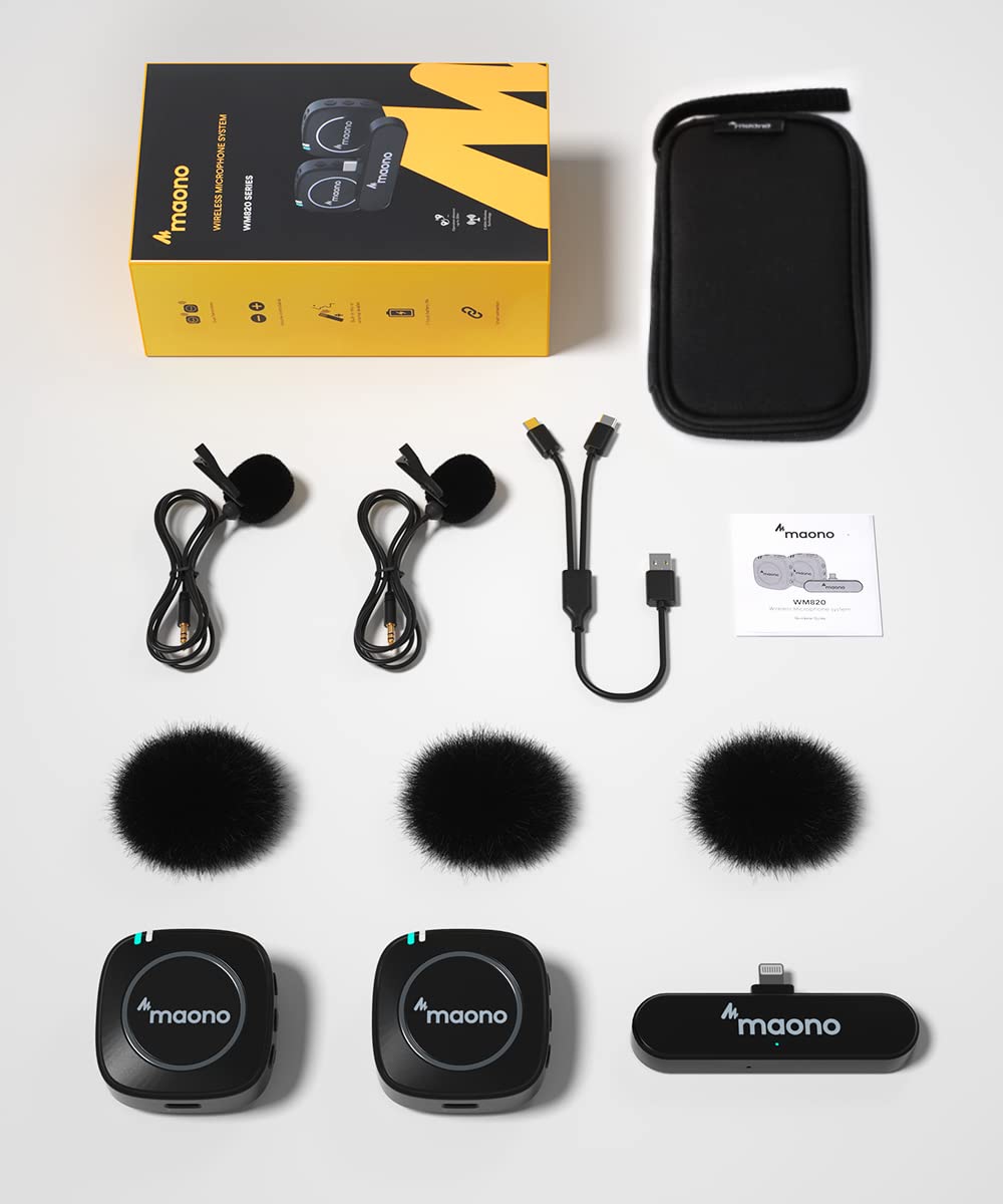 MAONO Ultra-Compact Wireless Lavalier Microphone with MFi Certified for iPhone, iPad, 2.4GHz Dual Lapel Mics with Pro Audio Chip and Mute for TikTok, Interview, Vlogging, Live Streaming(WM820 B2)