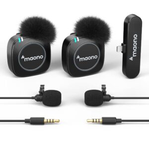 maono ultra-compact wireless lavalier microphone with mfi certified for iphone, ipad, 2.4ghz dual lapel mics with pro audio chip and mute for tiktok, interview, vlogging, live streaming(wm820 b2)