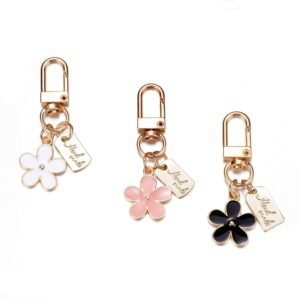 swjewel flower keychain for women 3pcs set samll white black pink daisy cute car key ring accessories bag charms handbag purse backpack pendant charms 1pink1black1white