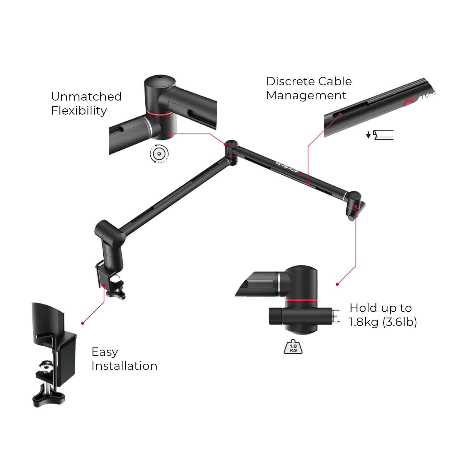 AVerMedia BA311 Live Streamer Arm, Fully Adjustable Boom Arm and Microphone Stand Suitable for 1/4 Inch or 5/8 Inch Mounting Options, for Content Creating, Podcasting and Streaming