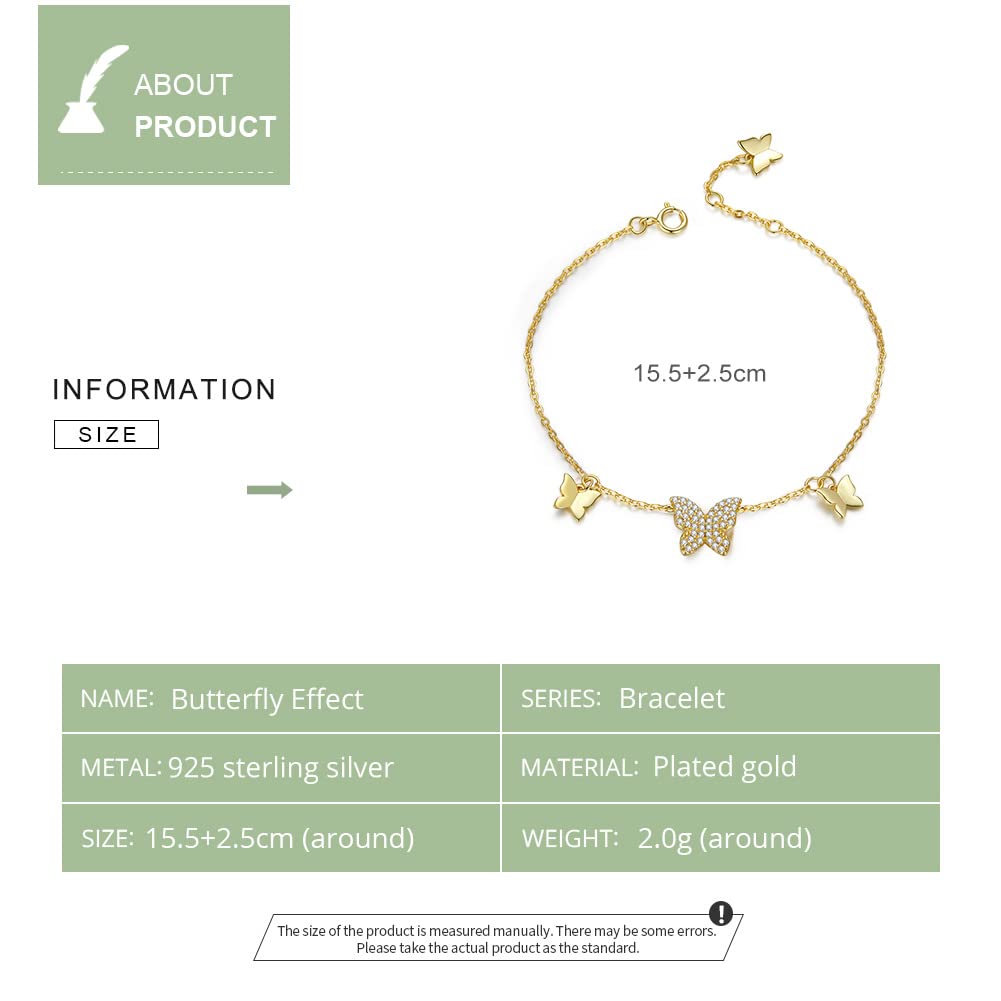 Dainty Butterfly Bracelet 925 Sterling Sliver Bracelet 14k Gold Plated Adjustable Chain with Cubic Zirconia Link Cute Animal Butterflies Gold Bracelet for Women Sparkling Jewelry