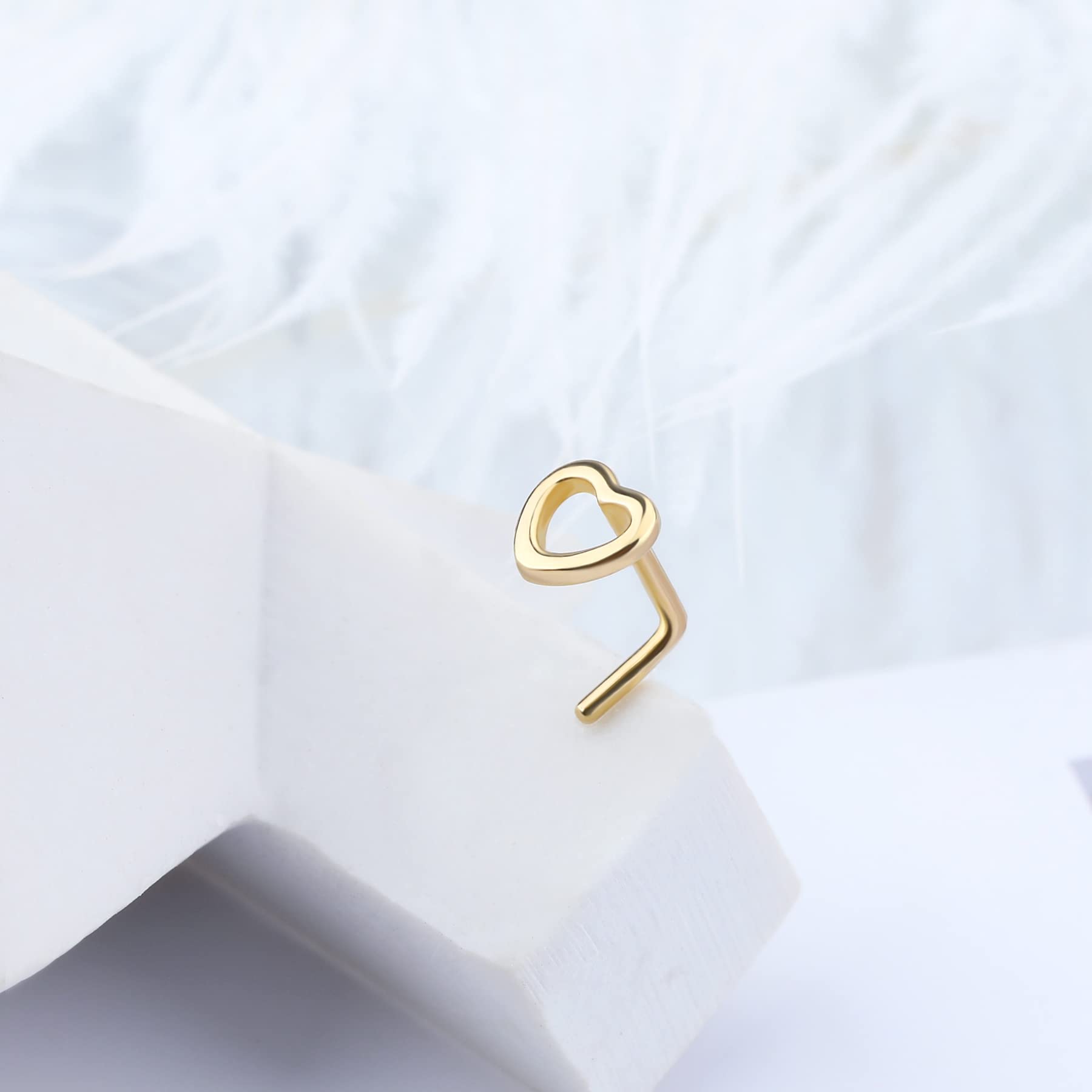 MeIighting 14K Gold Nose Rings 20G Star Nose Stud L Shaped Heart Nose Piercing Jewelry for Women Men Real Gold Body Piercing Jewelry Woman