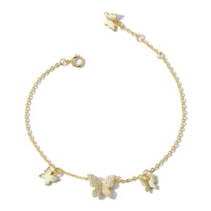 Dainty Butterfly Bracelet 925 Sterling Sliver Bracelet 14k Gold Plated Adjustable Chain with Cubic Zirconia Link Cute Animal Butterflies Gold Bracelet for Women Sparkling Jewelry