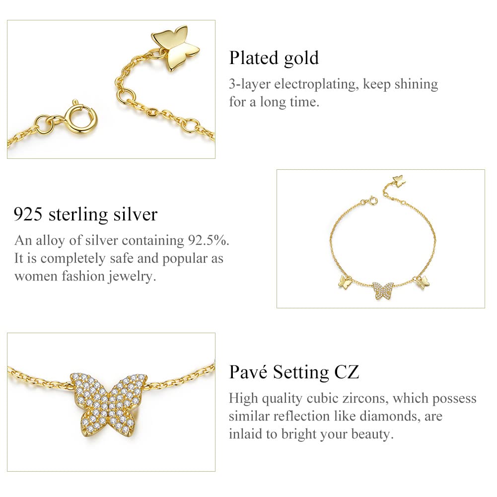 Dainty Butterfly Bracelet 925 Sterling Sliver Bracelet 14k Gold Plated Adjustable Chain with Cubic Zirconia Link Cute Animal Butterflies Gold Bracelet for Women Sparkling Jewelry