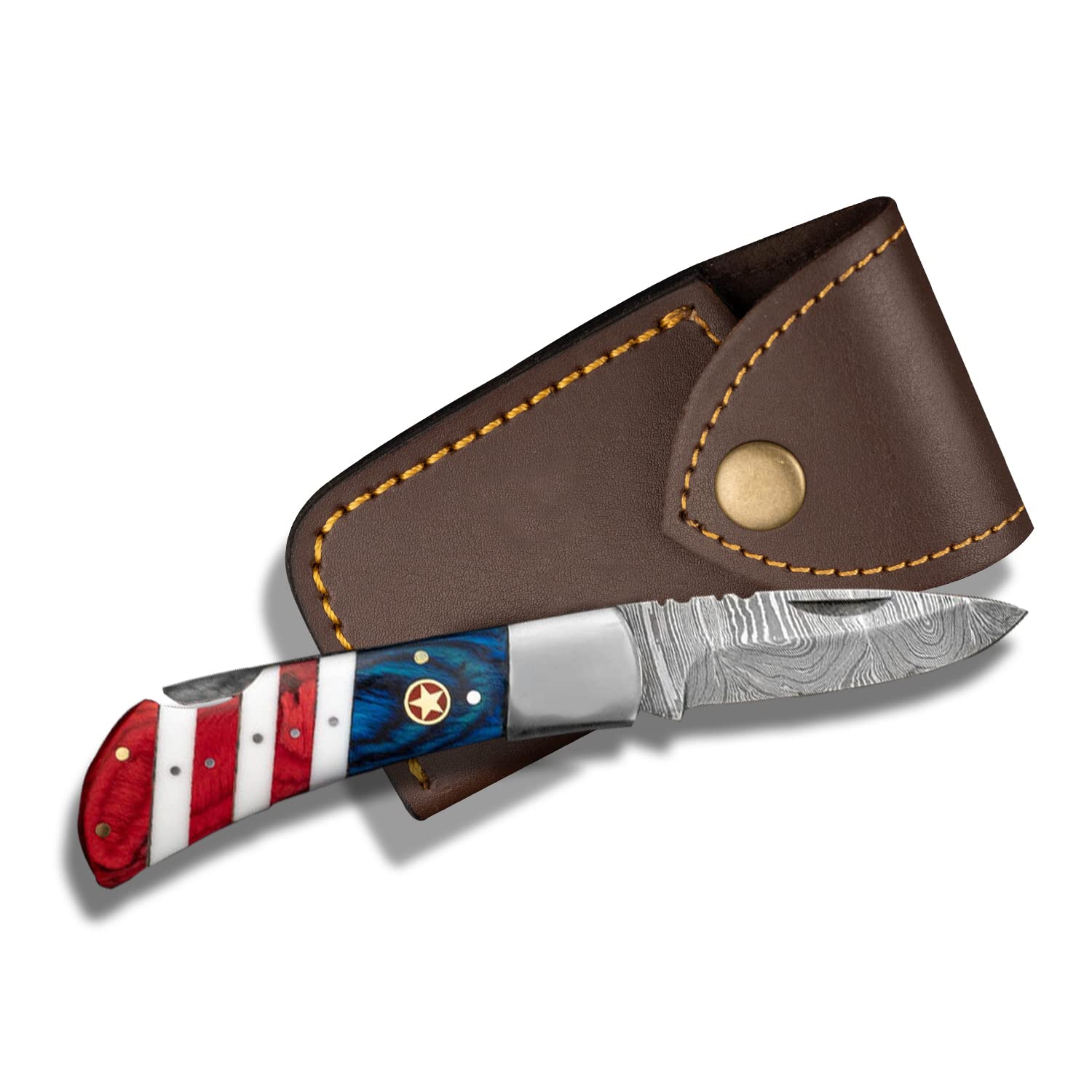 Morf Steelware American Flag Damascus Pocket Knife, USA Patriotic Damascus Folding Knife, 7.25 inches Survival Pocket Knife for Men, Handmade Camping & Hunting Knife With Sheath