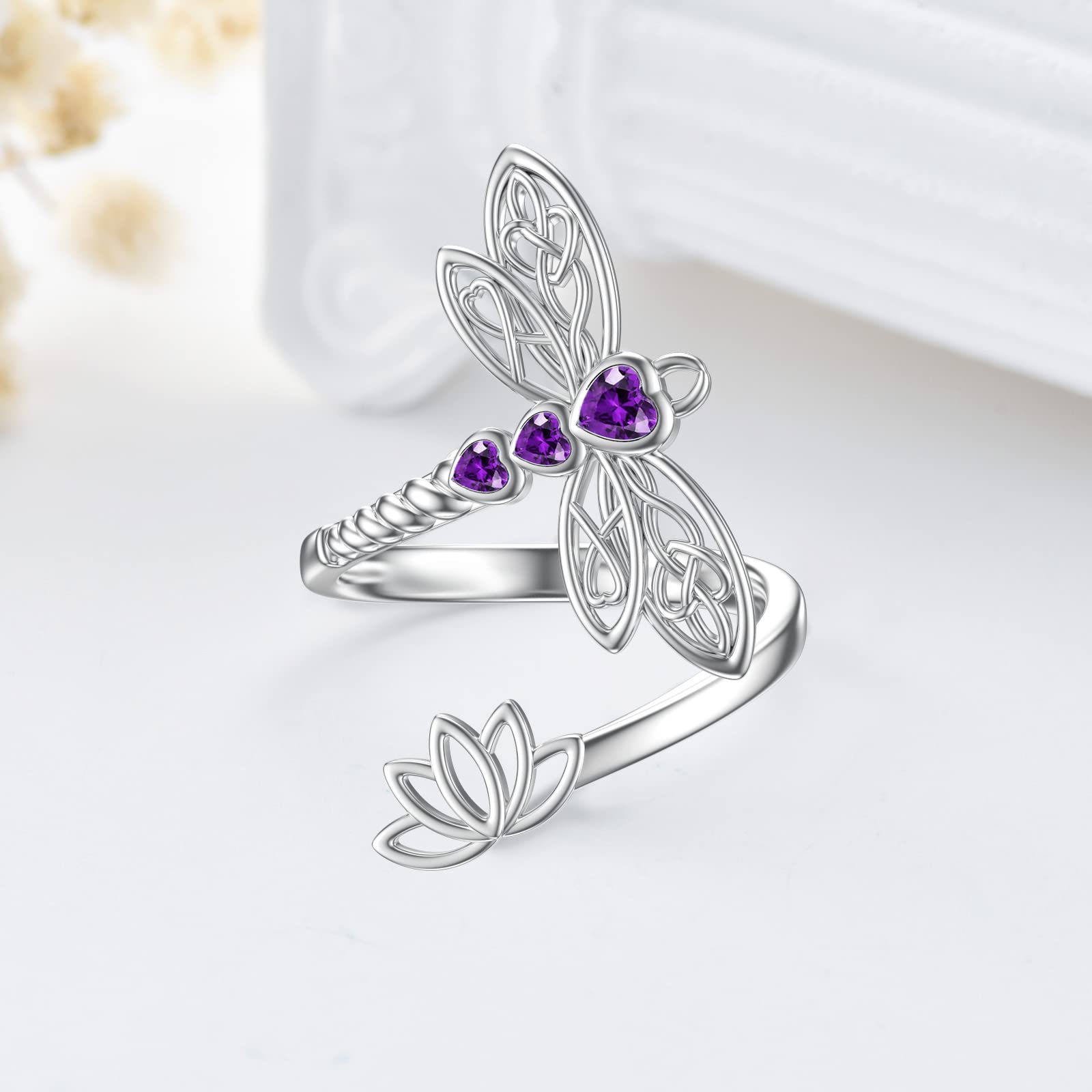 RMREWY Dragonfly Birthstone Ring 925 Sterling Silver Lotus Adjustable Ring Celtic Dragonfly Jewelry Birthday Gifts for Women Dragonfly Lovers