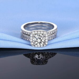 Gemsme 18K White Gold Plated Three-in-One Wedding Engagement Eternity Rings Halo Cubic Zirconia Bridal Rings Set (8)