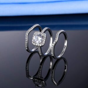 Gemsme 18K White Gold Plated Three-in-One Wedding Engagement Eternity Rings Halo Cubic Zirconia Bridal Rings Set (8)