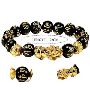 Indian Certified Feng Shui Black Obsidian Bracelet 12MM Pixiu & Dragon for Good Luck, Wealth & To Attract Money Charged by Reiki Grandmaster with Box By Indian Collectible, Multicolor