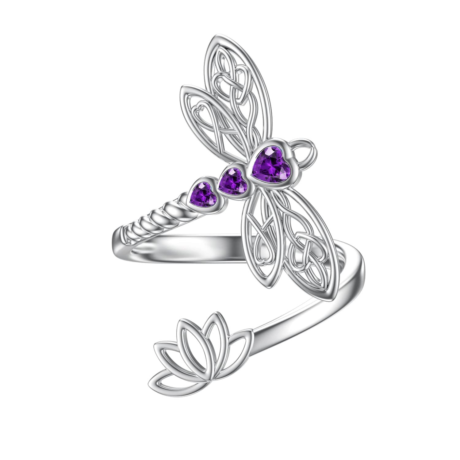 RMREWY Dragonfly Birthstone Ring 925 Sterling Silver Lotus Adjustable Ring Celtic Dragonfly Jewelry Birthday Gifts for Women Dragonfly Lovers