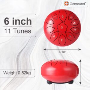 Genround Steel Tongue Drum, 6 inch 11 Notes Handpan Drums with Bag, Music Score, Stickers, Mallets & Finger sleeve, Percussion Instrument for Meditation Entertainment Musical Education Concert Yoga