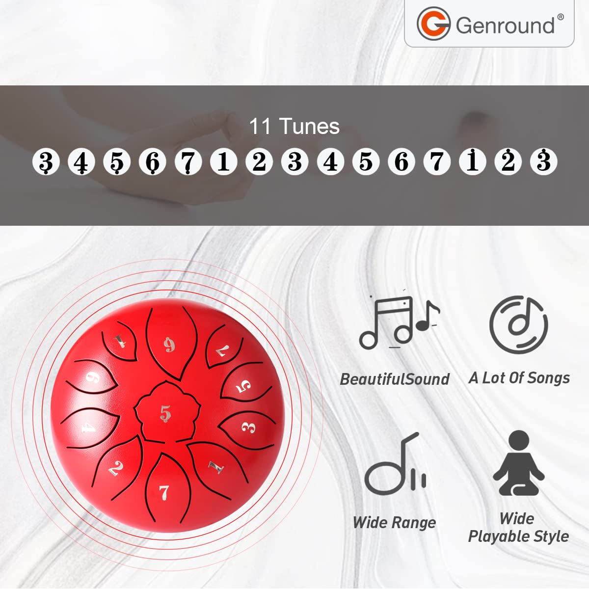 Genround Steel Tongue Drum, 6 inch 11 Notes Handpan Drums with Bag, Music Score, Stickers, Mallets & Finger sleeve, Percussion Instrument for Meditation Entertainment Musical Education Concert Yoga