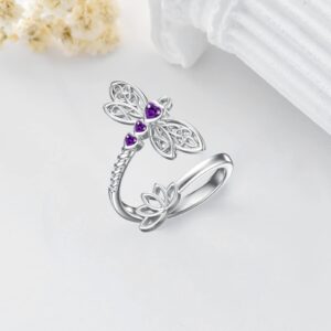 RMREWY Dragonfly Birthstone Ring 925 Sterling Silver Lotus Adjustable Ring Celtic Dragonfly Jewelry Birthday Gifts for Women Dragonfly Lovers