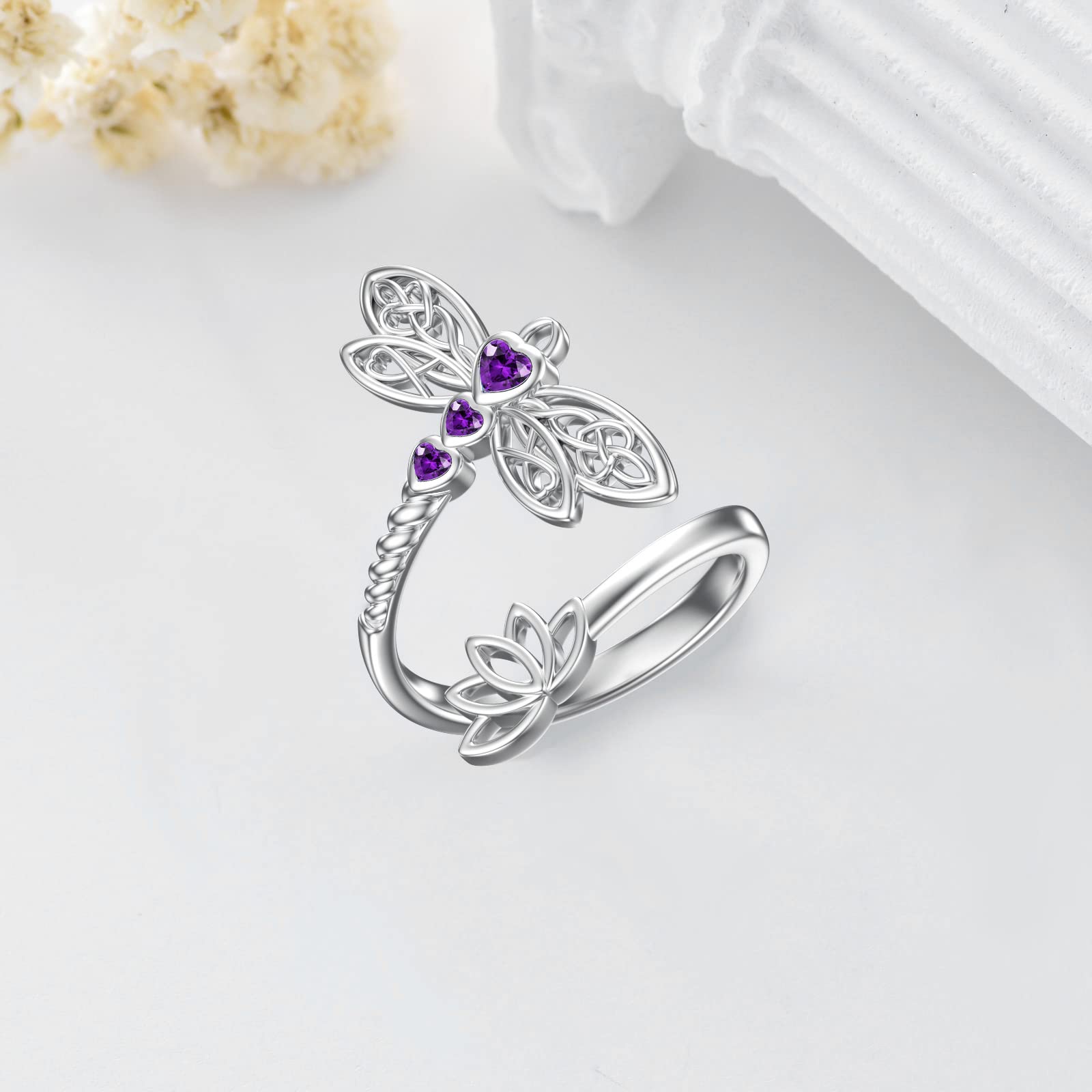 RMREWY Dragonfly Birthstone Ring 925 Sterling Silver Lotus Adjustable Ring Celtic Dragonfly Jewelry Birthday Gifts for Women Dragonfly Lovers