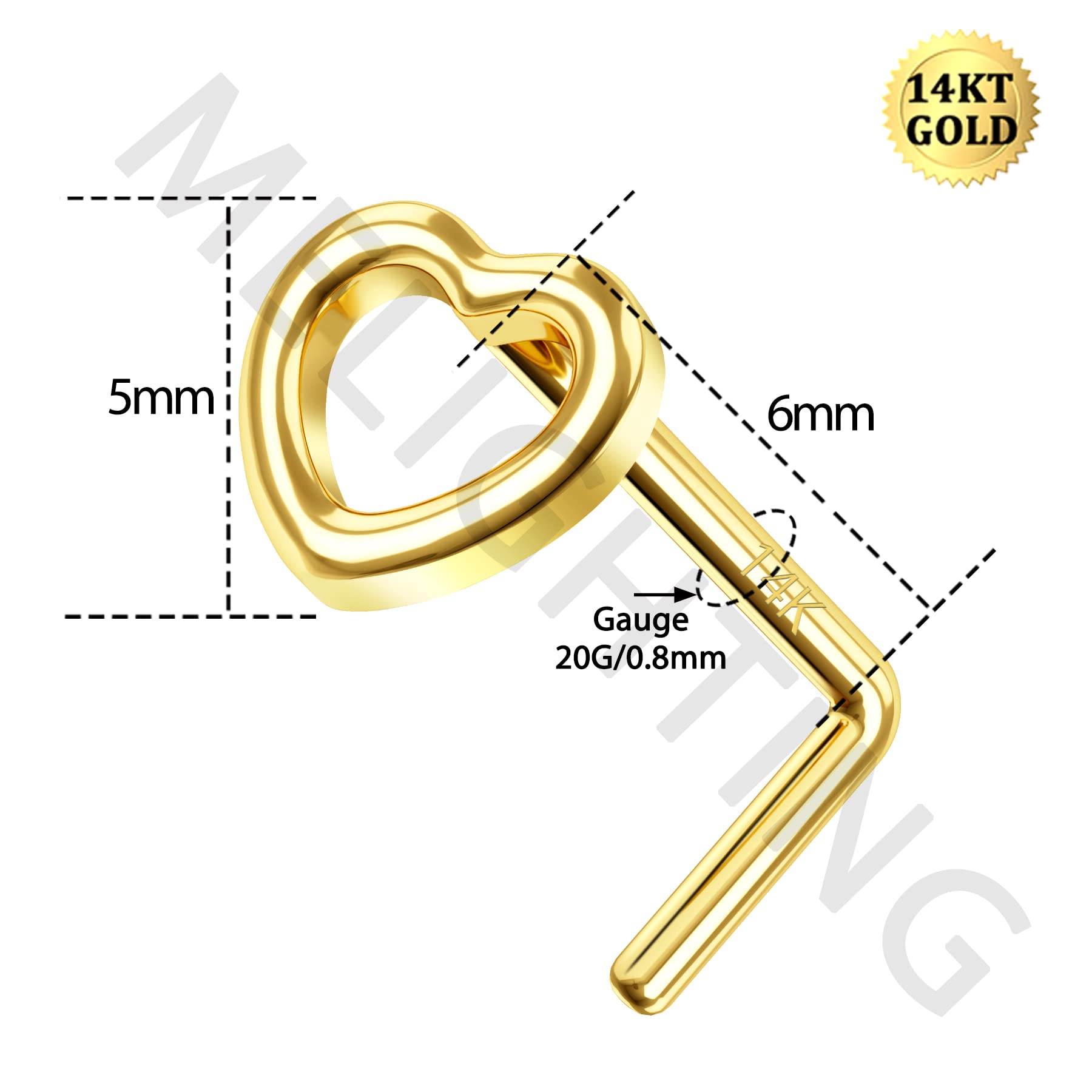 MeIighting 14K Gold Nose Rings 20G Star Nose Stud L Shaped Heart Nose Piercing Jewelry for Women Men Real Gold Body Piercing Jewelry Woman