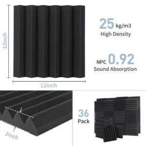 Sound Proof Foam Panels - 12 x 12 x 2 Inches 36 Pack Wedges Acoustic Foam Panels Sound Proofing Padding for Walls and Ceiling High Density Foam Studio Foam (Black)