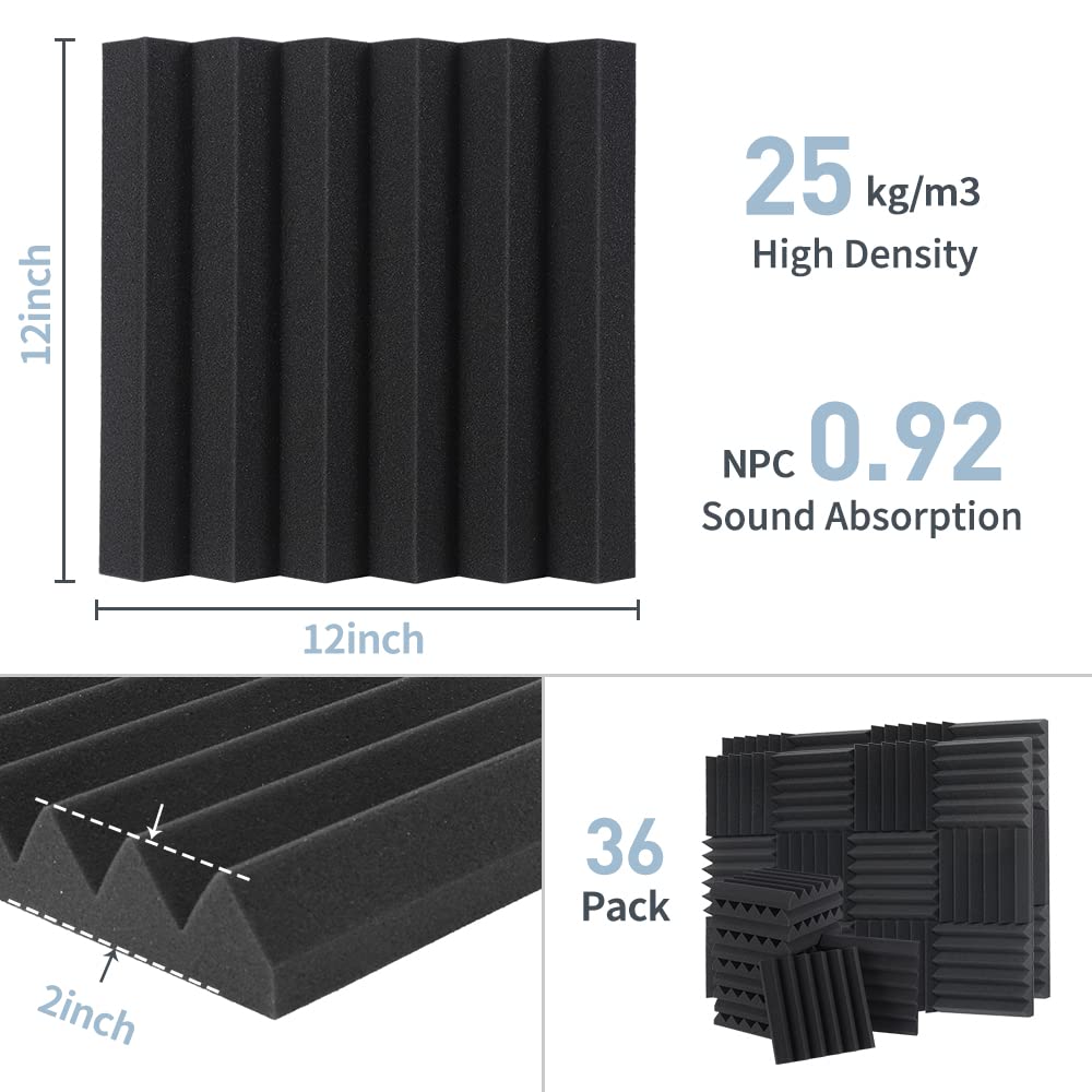 Sound Proof Foam Panels - 12 x 12 x 2 Inches 36 Pack Wedges Acoustic Foam Panels Sound Proofing Padding for Walls and Ceiling High Density Foam Studio Foam (Black)