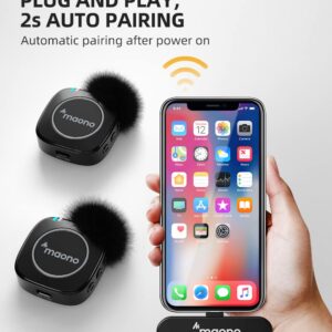 MAONO Ultra-Compact Wireless Lavalier Microphone with MFi Certified for iPhone, iPad, 2.4GHz Dual Lapel Mics with Pro Audio Chip and Mute for TikTok, Interview, Vlogging, Live Streaming(WM820 B2)