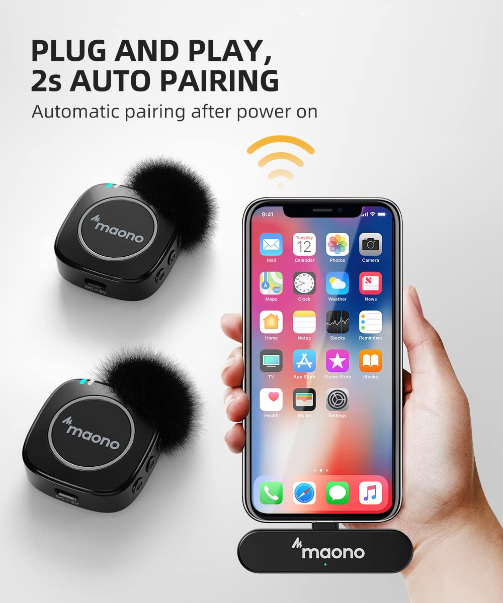 MAONO Ultra-Compact Wireless Lavalier Microphone with MFi Certified for iPhone, iPad, 2.4GHz Dual Lapel Mics with Pro Audio Chip and Mute for TikTok, Interview, Vlogging, Live Streaming(WM820 B2)